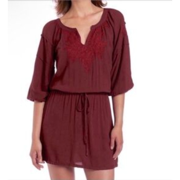 Lucky Brand Laszlo Red Tunic Midi Dress Embroidered Boho Peasant Sz Large Rayon - Picture 1 of 8